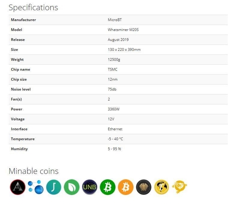 Mineur 75db P21 de Microbt Whatsminer M21s 56t BTC Asic